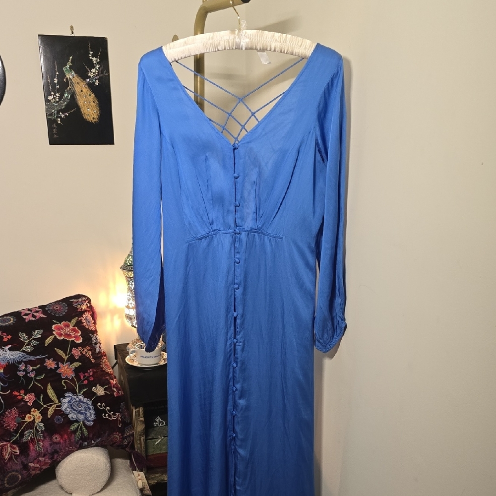 Free People Vibrant Cornflower Blue Silky Button Up Maxi Dress